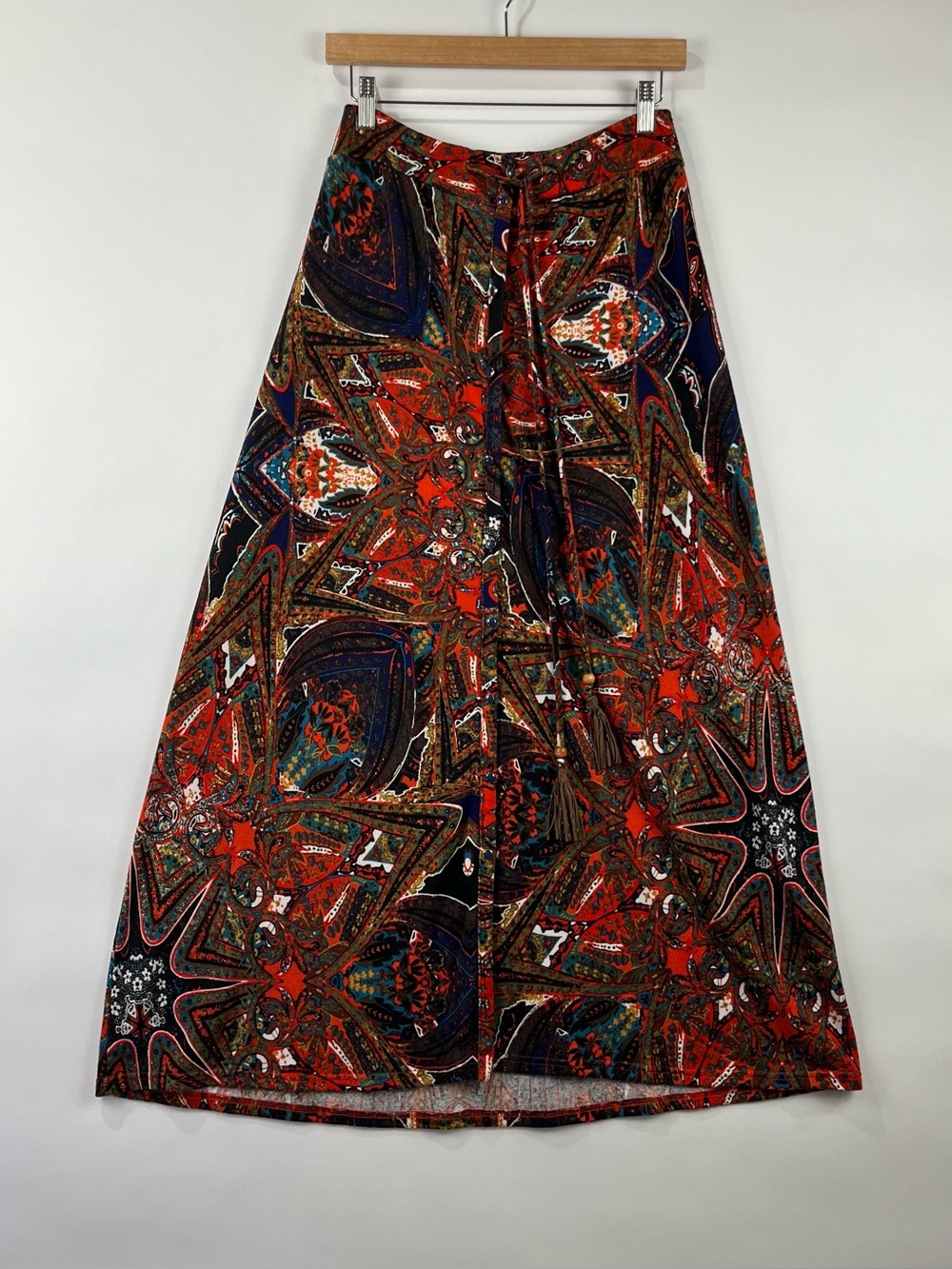 Hannah Button Front Maxi Skirt Adjustable Slit Waist Tie Boho Layering M